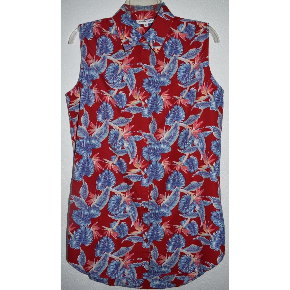 NorthStyle M Sleeveless Shirt Tropical Floral Red Blue Button-Up 100% Cotton Top